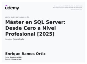 Lee más sobre el artículo Certificado curso «Máster en SQL Server: Desde Cero a Nivel Profesional» de Udemy